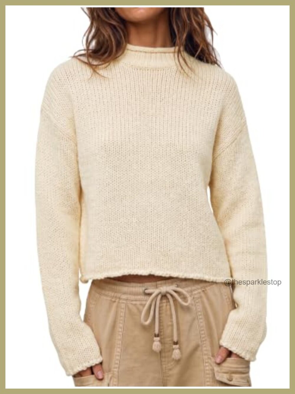 Womens Striped Chunky Knit Cropped Mock Neck Pullover Sweater